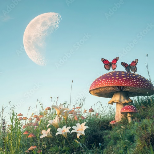 Wallpaper Mural Magical Wonderland  Moonlit Mushroom  Lilies  Butterflies Fantasy Landscape Torontodigital.ca