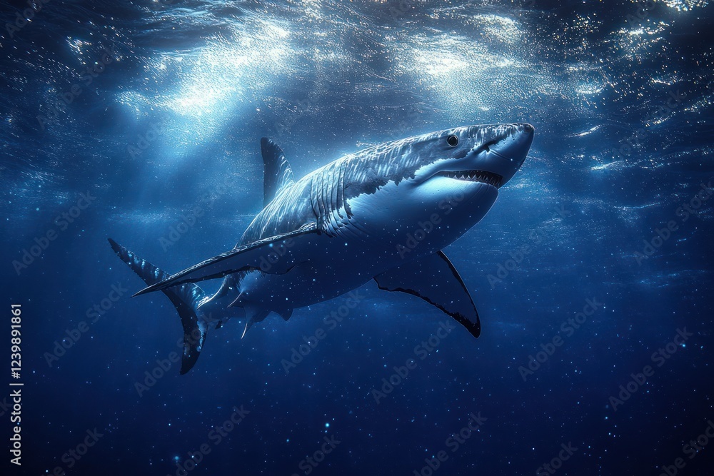 Fototapeta premium Predatory Great White Shark in Deep Blue Ocean Underwater Photography