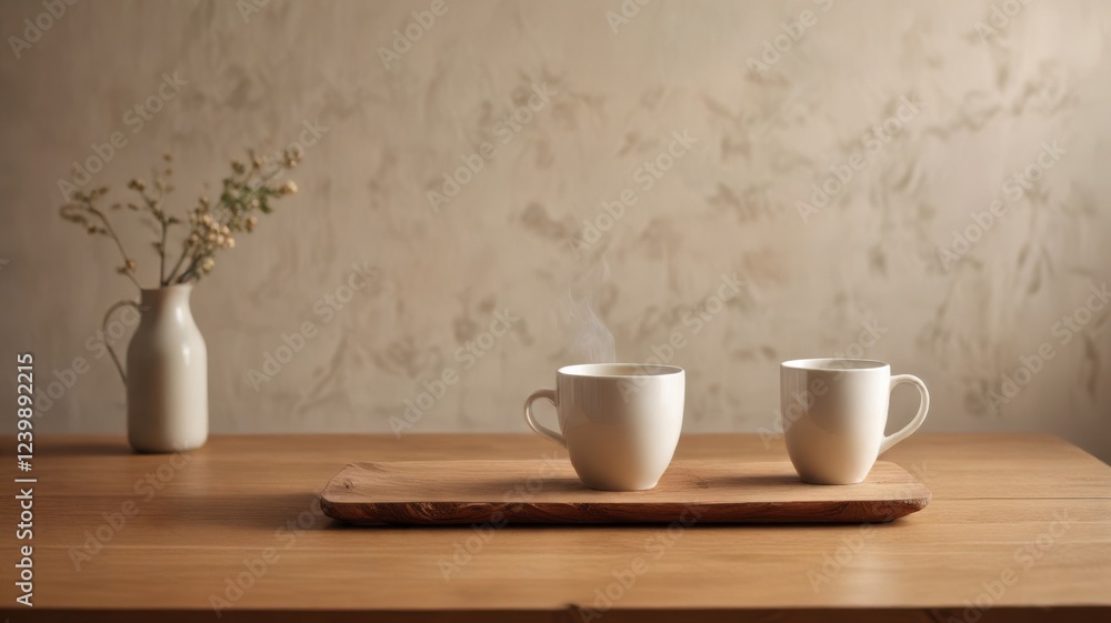Serene morning scene Two steaming mugs of hot beverage on a wooden tray, minimalist aesthetic, simple decor, calming atmosphere, tranquil setting Serene morning scene Two steaming mugs of hot beverage on a wooden tray, minimalist aesthetic, simple decor, calming atmosphere, tranquil setting