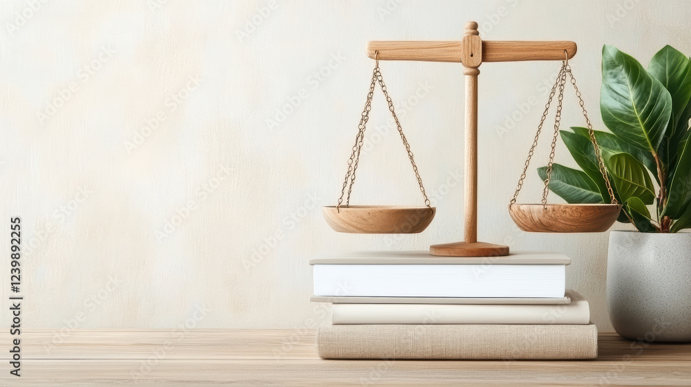wooden scale symbolizes justice and balance, placed beside books and plant wooden scale symbolizes justice and balance, placed beside books and plant