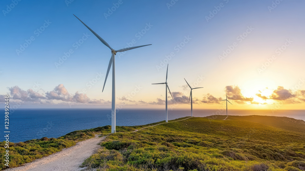 wind turbine farm set against stunning sunset over ocean wind turbine farm set against stunning sunset over ocean