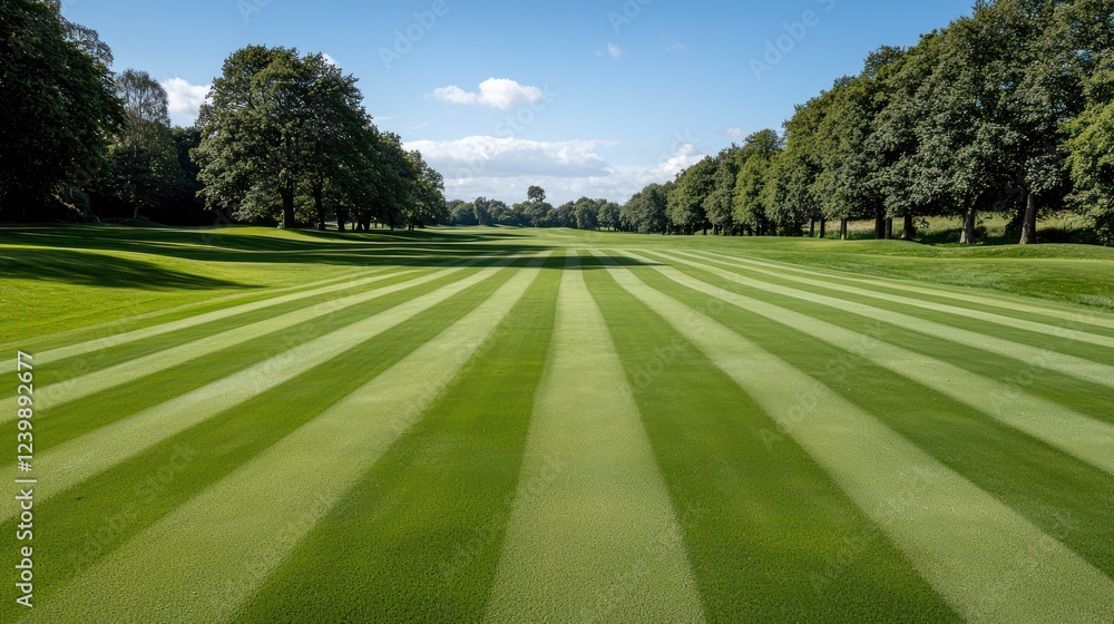 Naklejka premium A well-maintained golf course with striped green fairways under a clear blue sky.