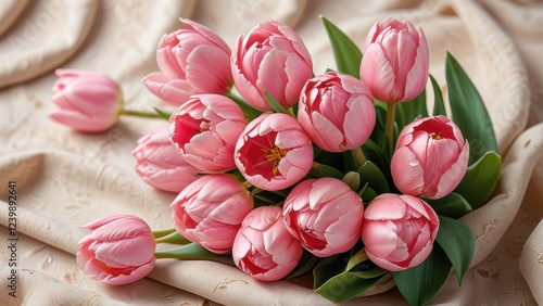 a bouquet of pink tulips with delicate petals, arranged artistically on a soft, flowing fabric background