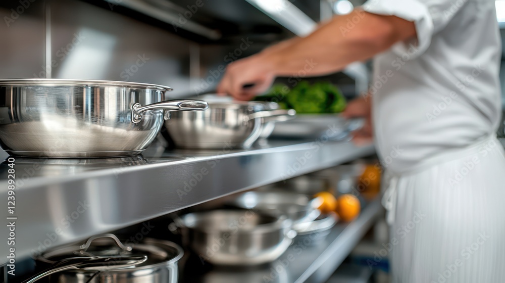 A chef preparing ingredients in a modern kitchen with stainless steel cookware. A chef preparing ingredients in a modern kitchen with stainless steel cookware.