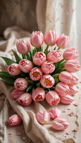 a bouquet of pink tulips with delicate petals, arranged artistically on a soft, flowing fabric background