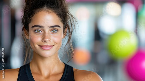 Smiling woman in fitness attire, showcasing confidence and vitality Free Download Smiling woman in fitness attire, showcasing confidence and vitality - GFXLoad
