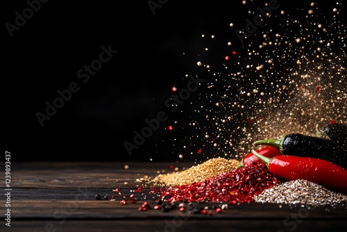Colorful spices and chili peppers on a wooden table with a dark background.