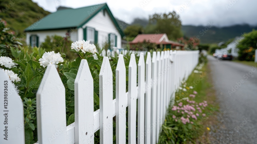 A picturesque scene featuring a white picket fence, flowers, and charming houses. A picturesque scene featuring a white picket fence, flowers, and charming houses.