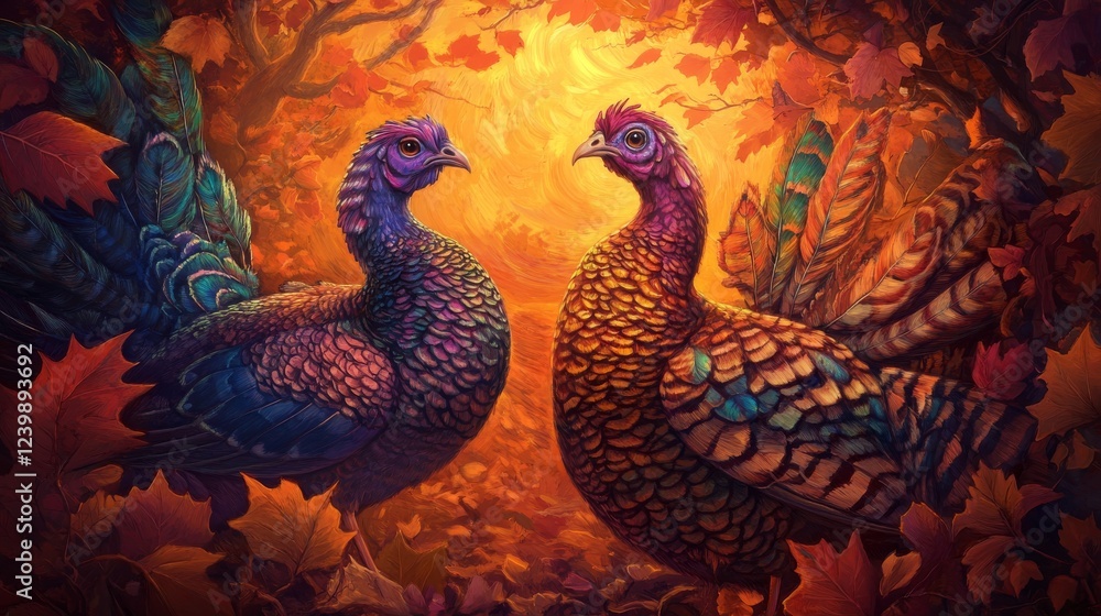Obraz premium 33.A Thanksgiving-themed composition showcasing two turkeys with vibrant, patterned plumage in warm tones, set against a swirling backdrop of autumn leaves and a glowing sunset-inspired palette.