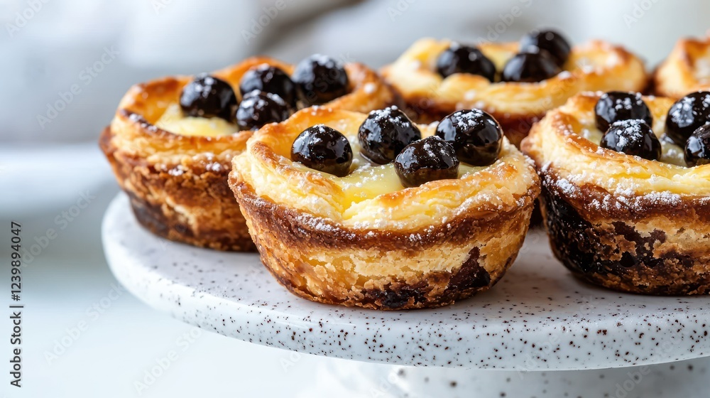 A close-up of delicious pastry cups filled with custard and topped with dark berries. A close-up of delicious pastry cups filled with custard and topped with dark berries.