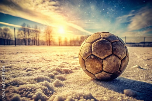 Winter Football: A weathered soccer ball rests on a snow-covered field at sunset, the silhouette of bare trees in the background. photo