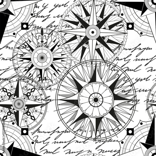 Seamless vector pattern with decorated compasses, marine objects, antique navigational devices. Vintage transportation and old adventures concept. No foreign language, all symbols are fictional