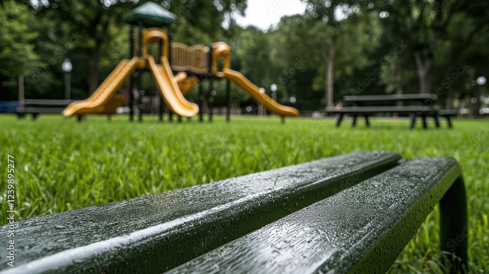 A wet park bench in focus, with a playground visible in the background. A wet park bench in focus, with a playground visible in the background.