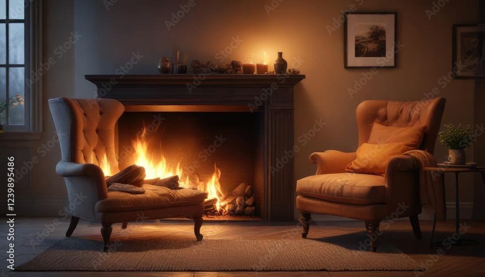 Cozy armchair by a softly lit fireplace with a warm glow, comfortable seating, cozy armchair Cozy armchair by a softly lit fireplace with a warm glow, comfortable seating, cozy armchair