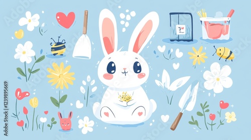 112.A kawaii illustration set of a happy bunny planting seeds with a small shovel, surrounded by garden supplies, blooming flowers, buzzing bees, and tiny hearts, all rendered in a bright and tidy