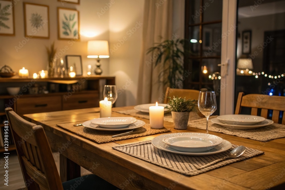Cozy dining room table with warm lighting, warm ambiance, inviting atmosphere, fall colors, traditional setting, wooden table Cozy dining room table with warm lighting, warm ambiance, inviting atmosphere, fall colors, traditional setting, wooden table