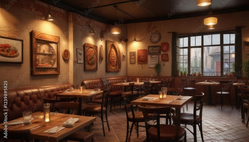 Cozy Italian pizzeria with a warm and inviting atmosphere, comfortable seating, old world feel, cozy italian pizzeria Cozy Italian pizzeria with a warm and inviting atmosphere, comfortable seating, old world feel, cozy italian pizzeria