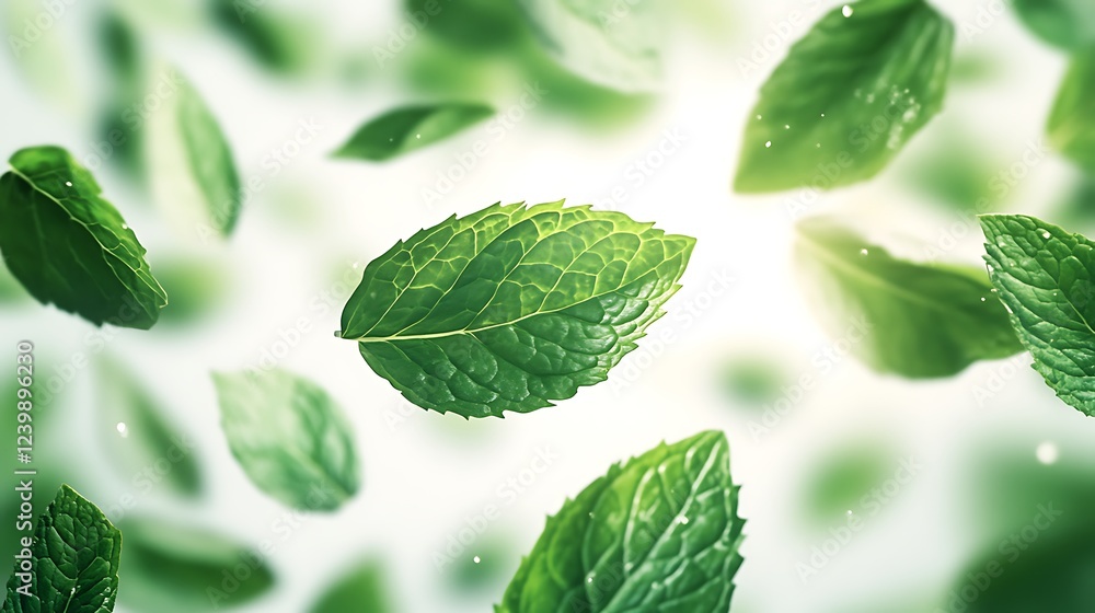 Fototapeta premium Floating mint leaves in bright natural light close-up photography nature