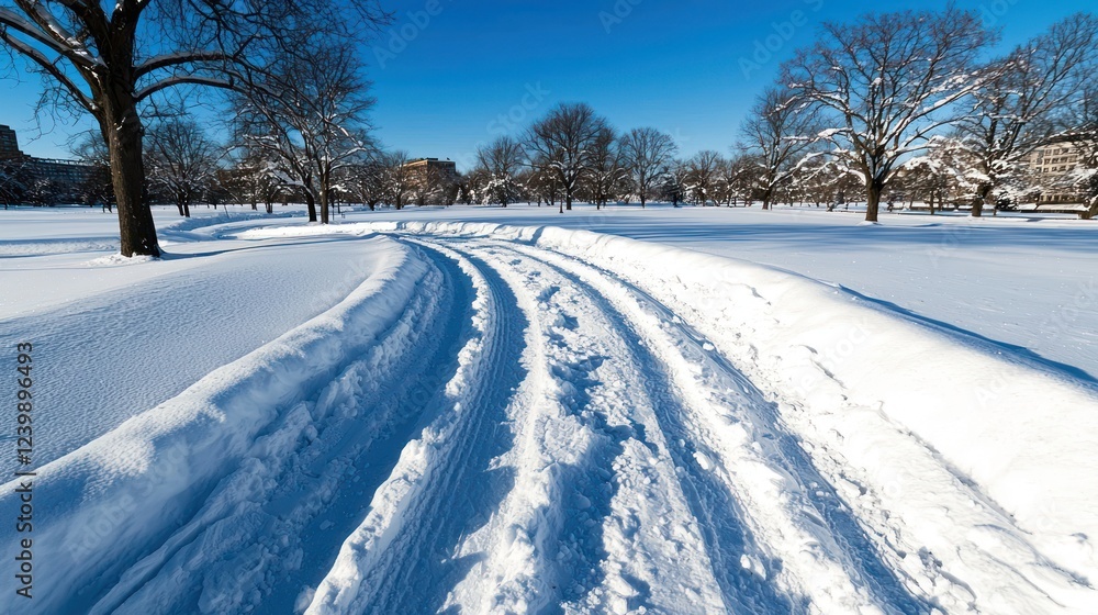 A snow-covered path winding through a winter landscape under a clear blue sky. A snow-covered path winding through a winter landscape under a clear blue sky.