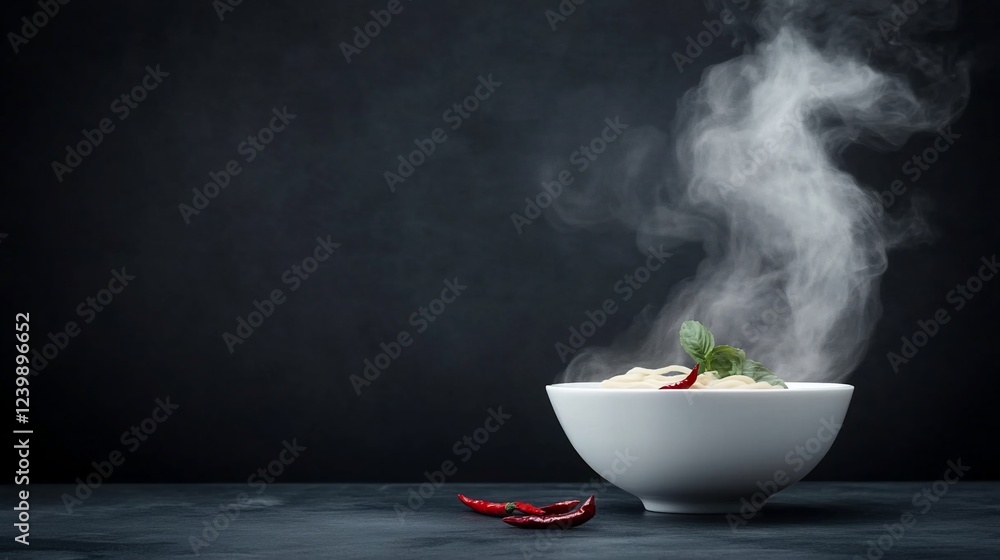 Steaming hot bowl of pasta with basil and chili peppers. Steaming hot bowl of pasta with basil and chili peppers.