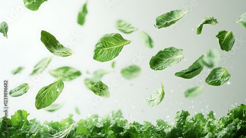 Fresh greens falling kitchen food photography bright above healthy eating