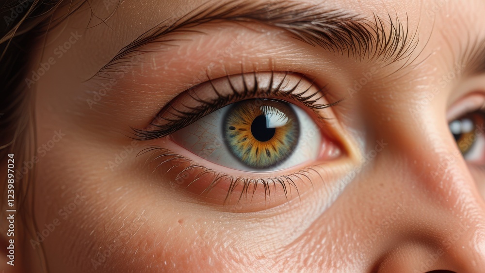 Fototapeta premium a close-up photograph of an eye with a hand partially covering the forehead, emphasizing the eye's details and the smoothness of the skin