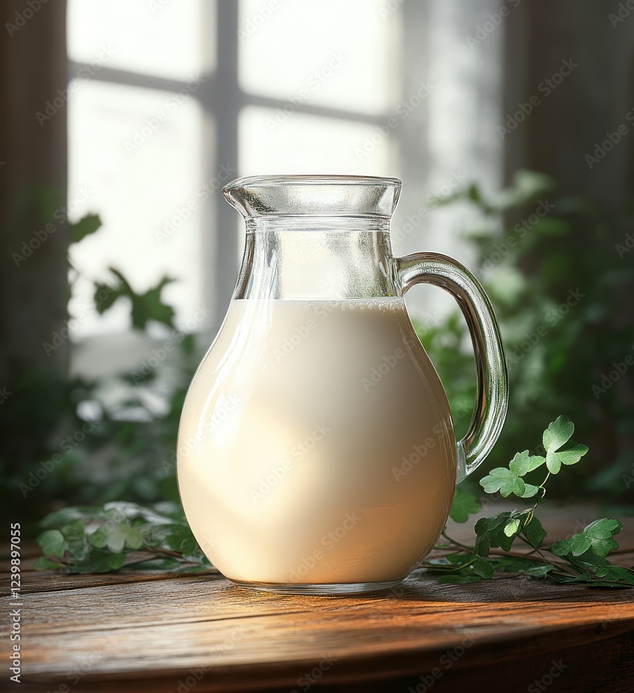 Fresh Milk Jug on Wooden Table with Natural Light Fresh Milk Jug on Wooden Table with Natural Light