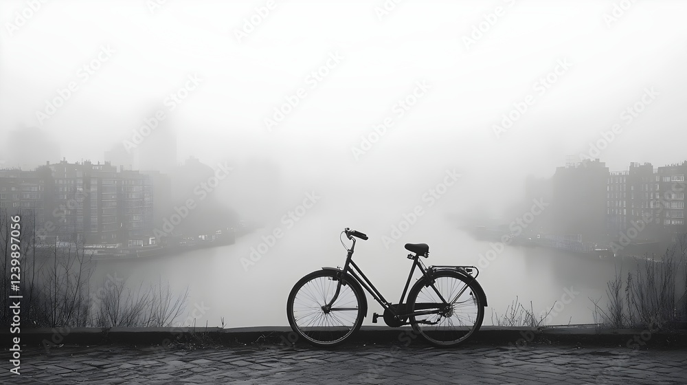 Obraz premium A bicycle is parked on a sidewalk next to a body of water