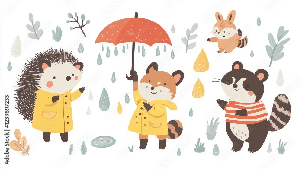 Obraz premium 68.A set of colorful flat illustrations showing a hedgehog holding a tiny umbrella, a fox in a yellow raincoat splashing in a puddle, a bear with a red umbrella, a raccoon with a striped raincoat,