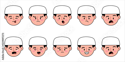 Islam Muslim man male boy wearing skullcap hat Keffiyeh emojis sad happy upset mad angry crying shocked surprised disappointed smiling heart-eyes happy cheerful facial expressions emoticon emotion