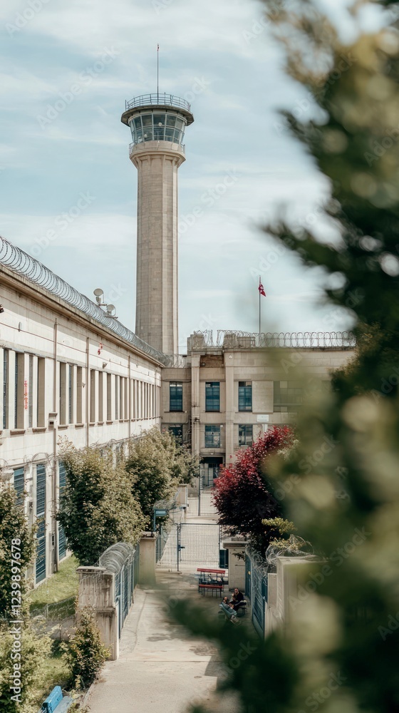 Fototapeta premium Prison Courtyard View Tower Walls Security and Greenery