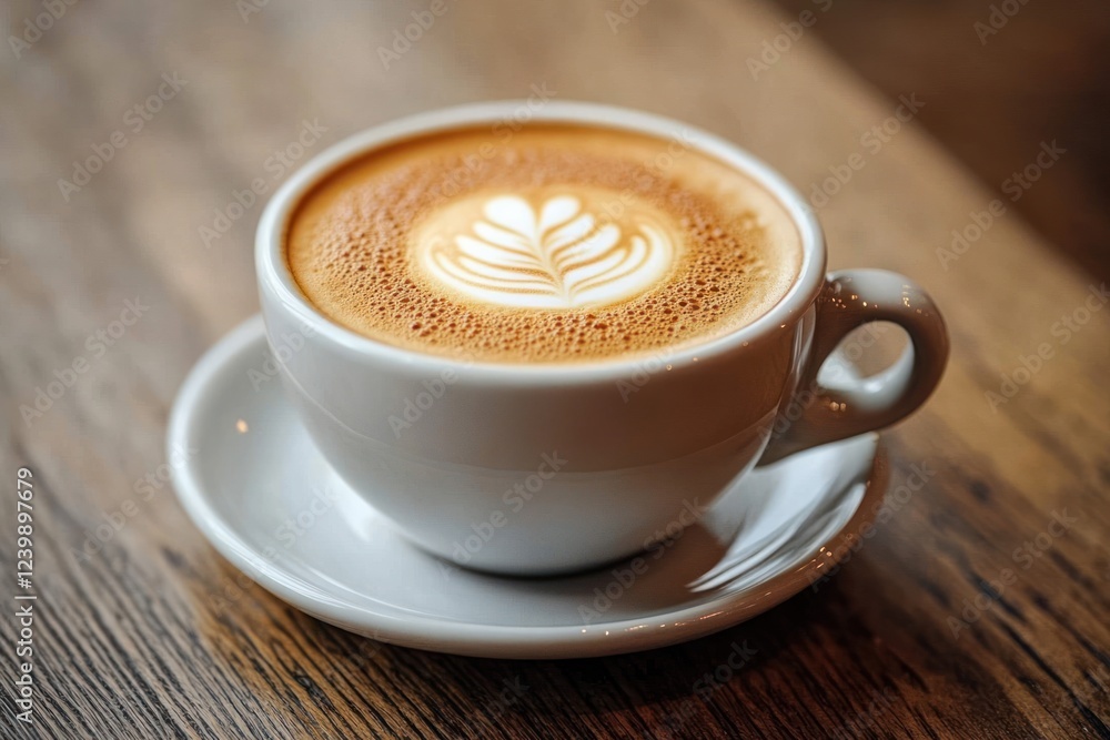 Close-Up Latte Art Coffee Cup with Leaf Design on Rustic Wooden Table Close-Up Latte Art Coffee Cup with Leaf Design on Rustic Wooden Table