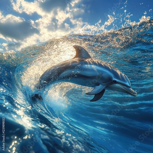 Dolphin Swimming Underwater in Blue Water Coral Reef Scene