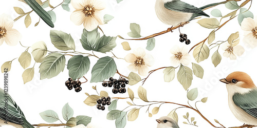 Vector illustration of seamless floral pattern with little birds in spring and blackberries branches for Wedding, anniversary, birthday and party. Design for invitation card, picture frame, poster