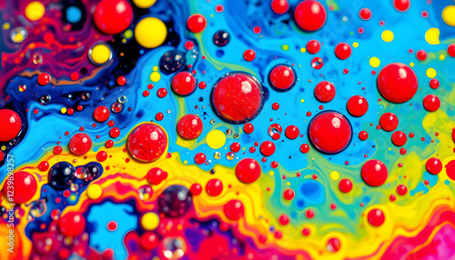 Multicolored Bubbles Of Bright Collors Moving In Paint Oil Surface Beautiful Blue Universe Of Color Slow Motion Macro Red Blue Black And Yellow, hyperrealism. isolated with white shades photo