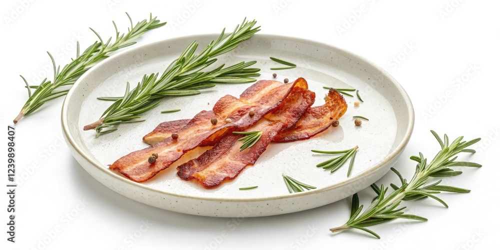 Delicate petals of rosemary unfold from a platter of thick-cut pan-fried bacon, delicate, rosemary Delicate petals of rosemary unfold from a platter of thick-cut pan-fried bacon, delicate, rosemary