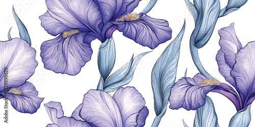 A vintage vector seamless pattern featuring delicate blue iris flowers intertwined with green leaves, on a white background