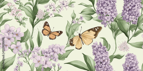 Seamless vector pattern with lilac flowers leaves and butterflies in a seamless design, highlighting purple tones with a vintage luxury aesthetic