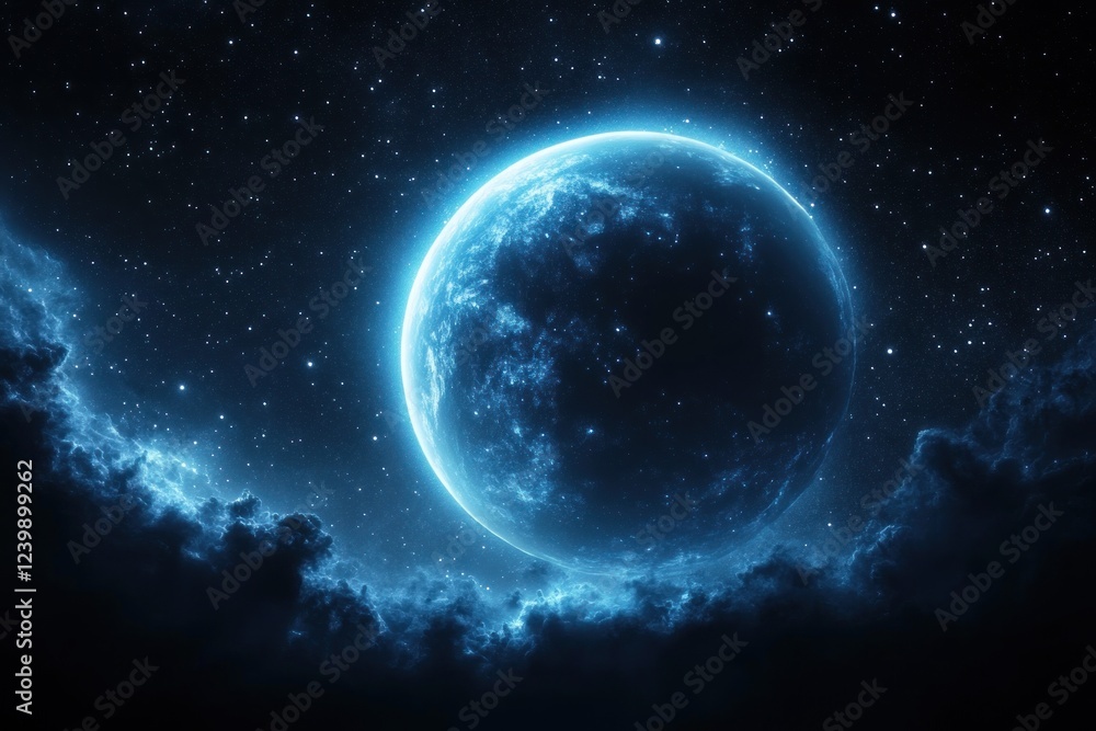 Obraz premium Glowing Blue Planet in Cosmic Space with Ethereal Nebula and Twinkling Stars