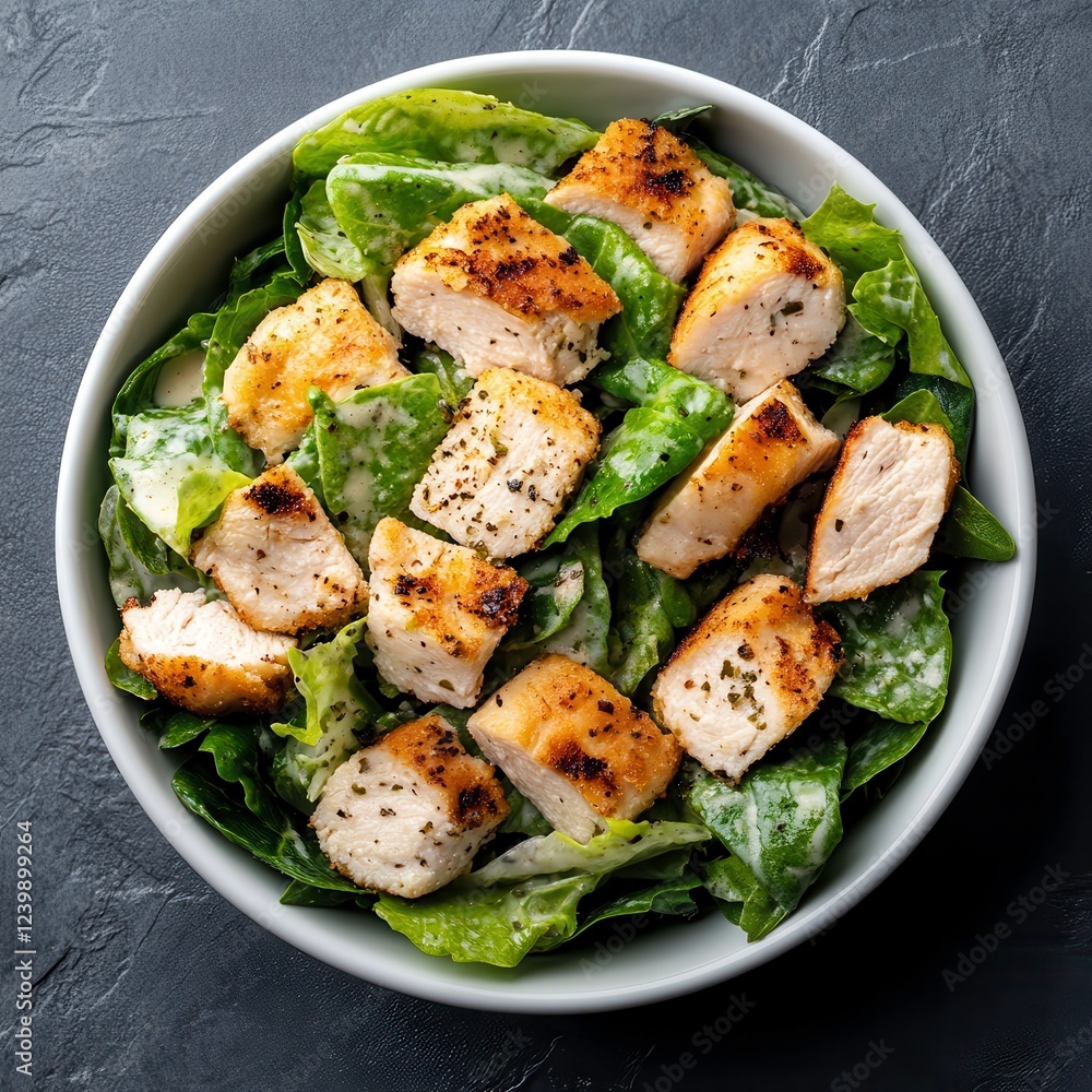 Fresh Chicken Caesar Salad Served in a Round Dish With Greens and Creamy Dressing. Generative AI Fresh Chicken Caesar Salad Served in a Round Dish With Greens and Creamy Dressing. Generative AI