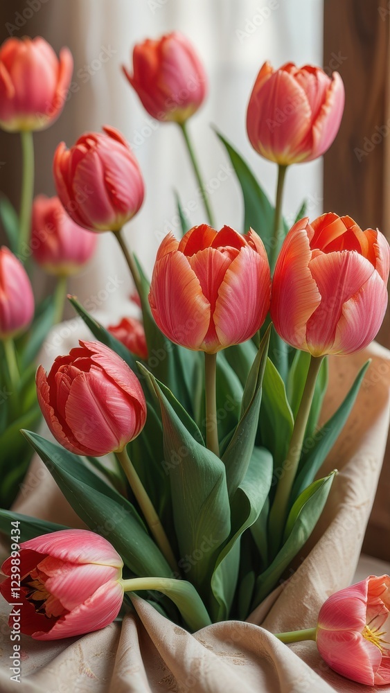 a close-up view of vibrant pink and red tulips with green leaves, set against a light, airy, and softly draped fabric