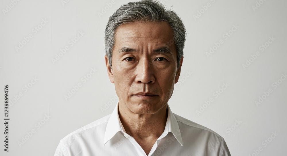 Portrait of Mature Man in White Shirt Against Neutral Background, Highlighting Confidence and Wisdom Portrait of Mature Man in White Shirt Against Neutral Background, Highlighting Confidence and Wisdom