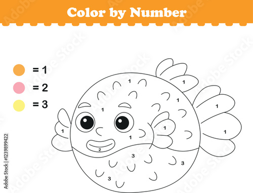 Color by numbers. Coloring page for kids. Coloring with cute puff fish. Vector illustration