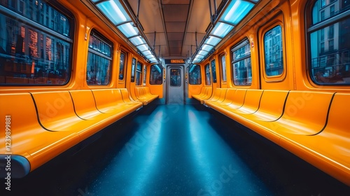 A yellow subway train with empty seats and a blue floor