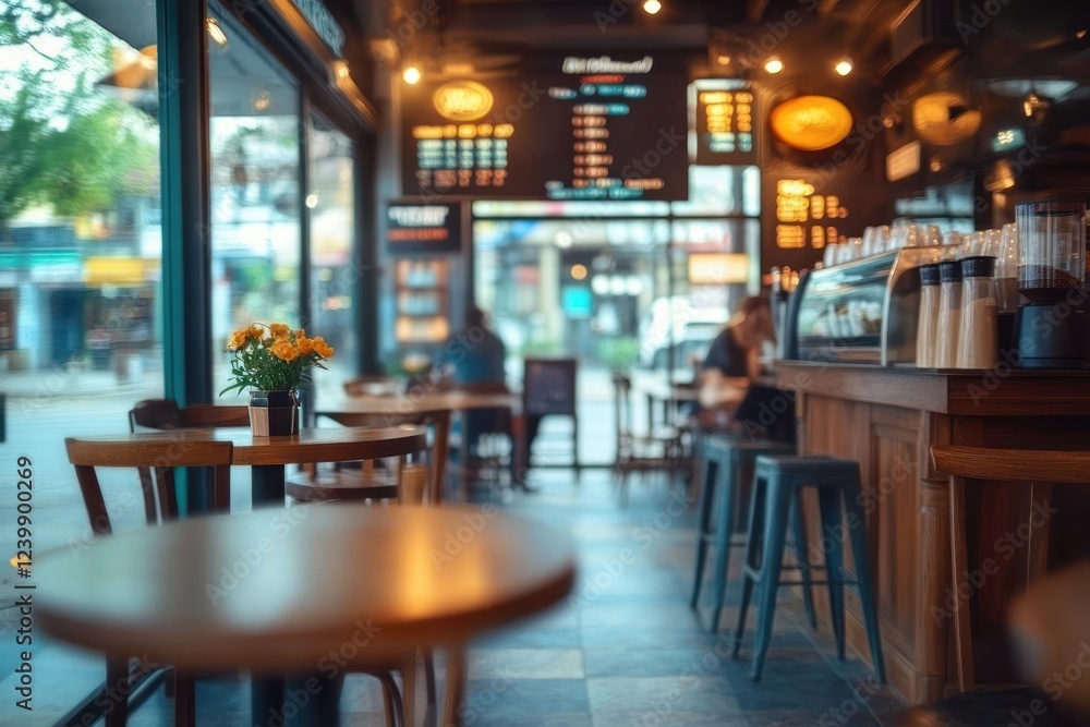 Cozy Coffee Shop Interior with Warm Lighting and Empty Tables in Impressionism Style Cozy Coffee Shop Interior with Warm Lighting and Empty Tables in Impressionism Style