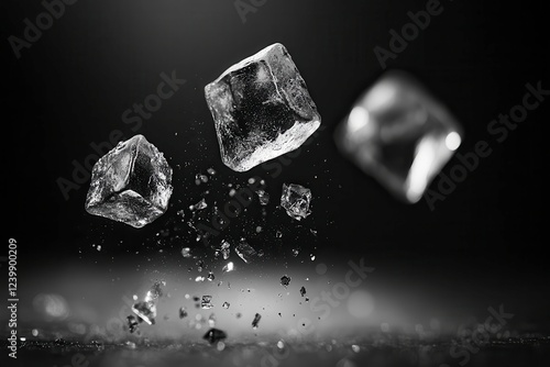 Ice Cubes in Mid-Air Over a Dark Background With Shards Scattering. Generative AI