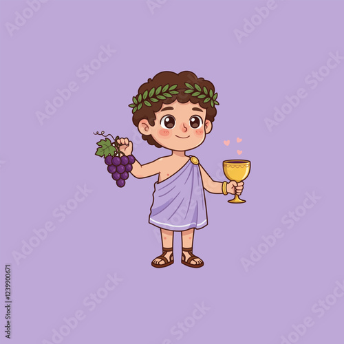 Cute Cartoon Boy Bacchus Holding Grapes and Wine Cup