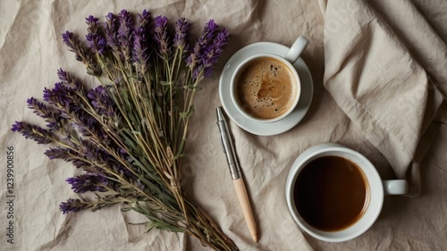 A cup of coffee beside sprigs of lavender, elegantly arranged on a textured cloth generative ai
