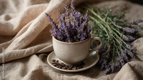 A cup of coffee beside sprigs of lavender, elegantly arranged on a textured cloth generative ai