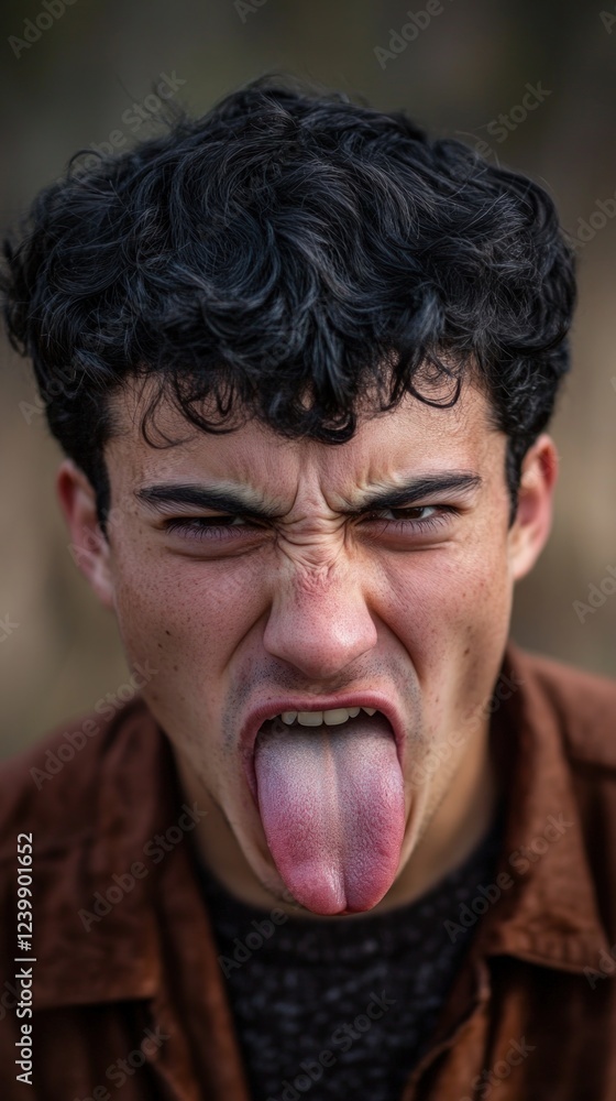 Closeup Portrait of a Young Man with Curly Hair Sticking Out His Tongue Playfully. Closeup Portrait of a Young Man with Curly Hair Sticking Out His Tongue Playfully.